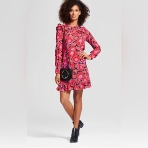 Who What Wear Pink Floral Long Sleeve Ruffle Dress
